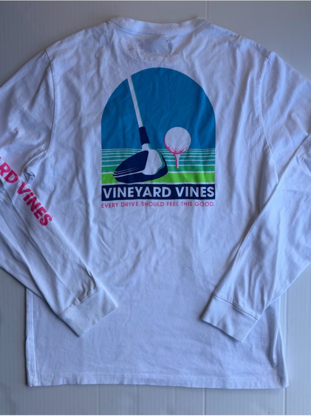 Vineyard Vines White Long Sleeve Tee with Blue, Green & Pink Golf Graphic